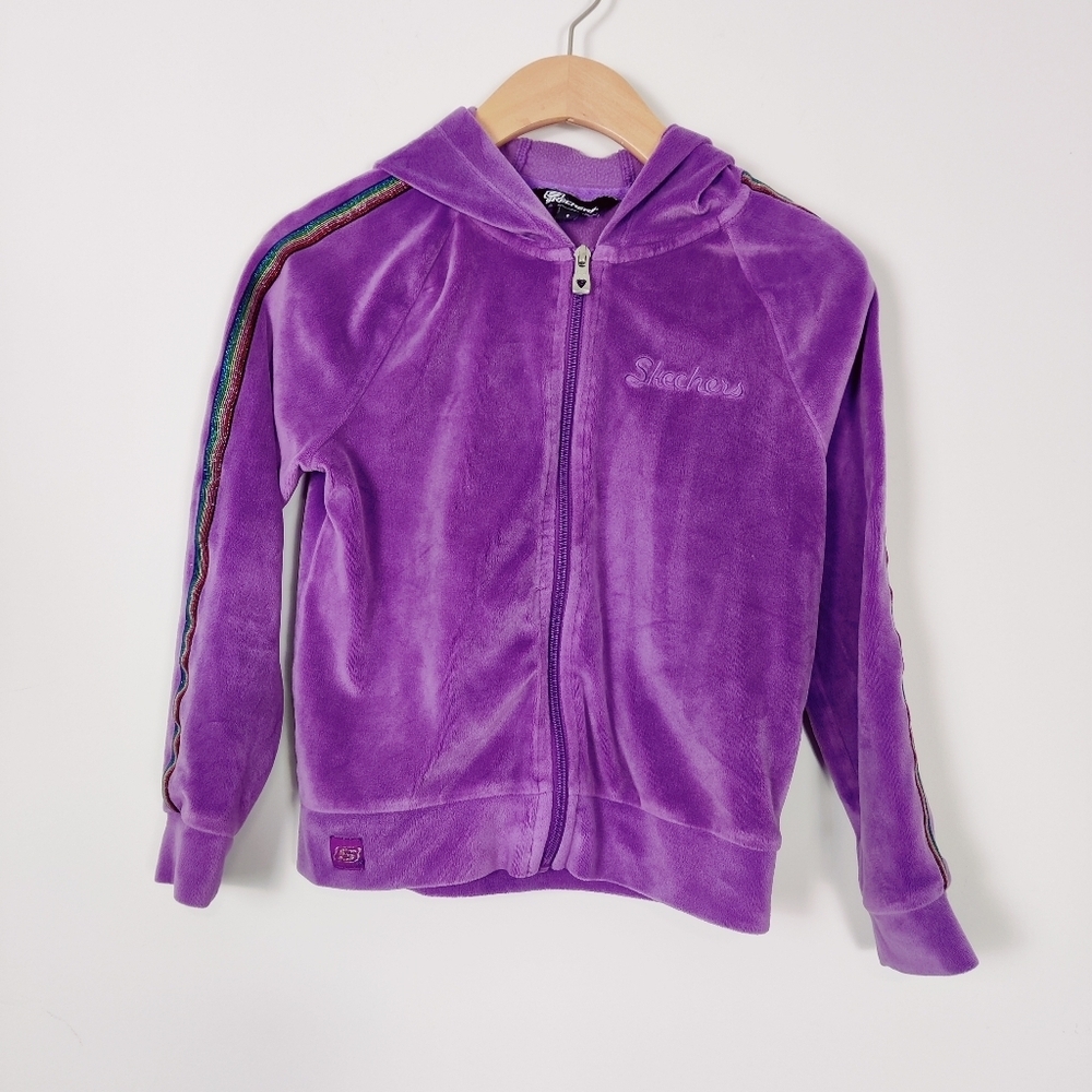 Sketchers Girl's Velvet Zip up Sweatshirt Hoodie in Purple Size 8 Y2K Rainbow